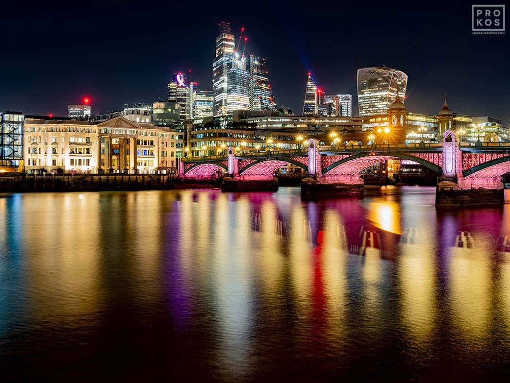 London UK skyline city lights and River Thames